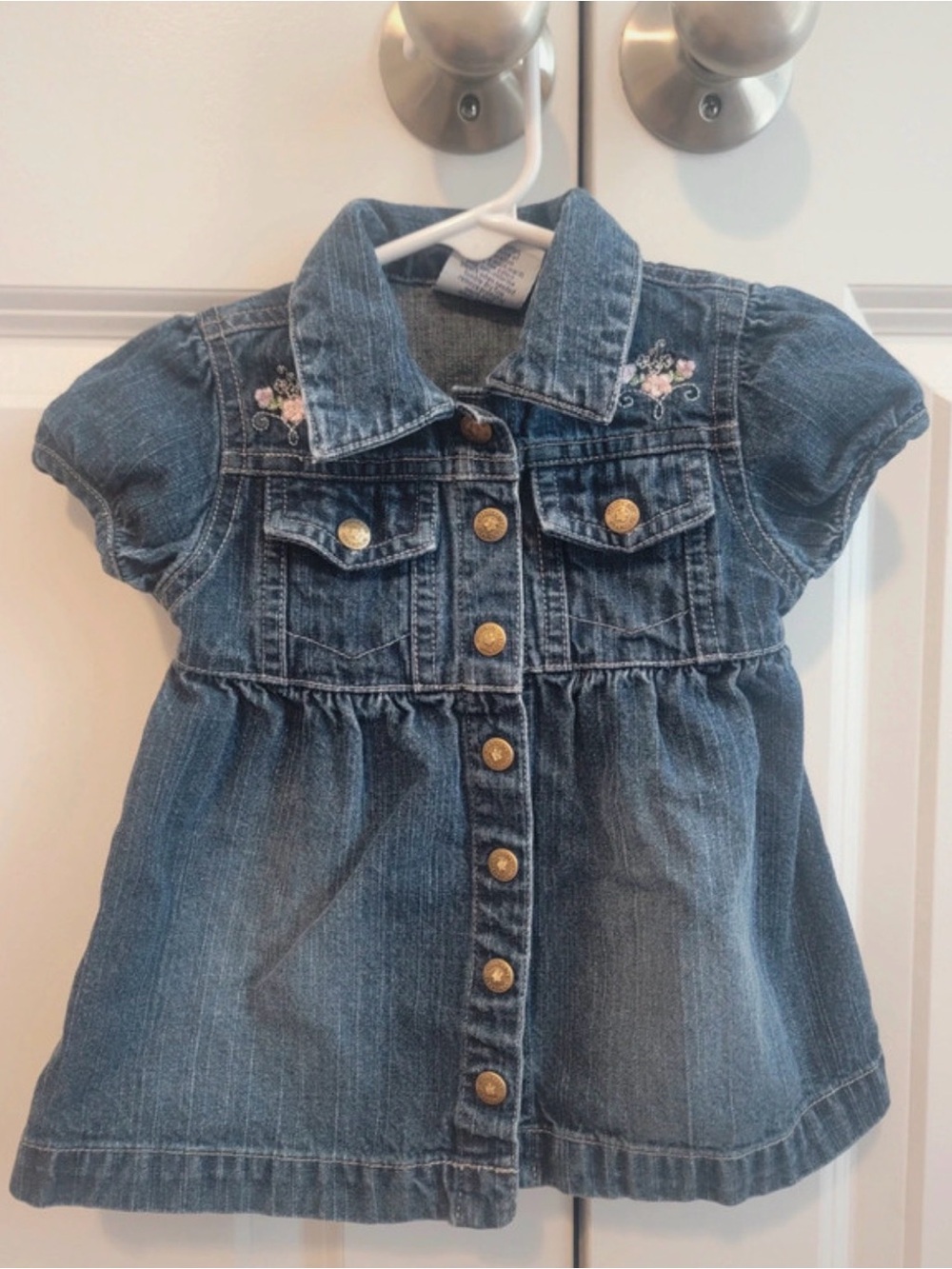 Girls' Blue Denim Button-Front Jacket Dress with Floral Embroidery